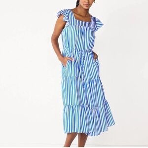 Draper James RSVP Blue White Stripe Midi Dress Tiered Pockets Size L